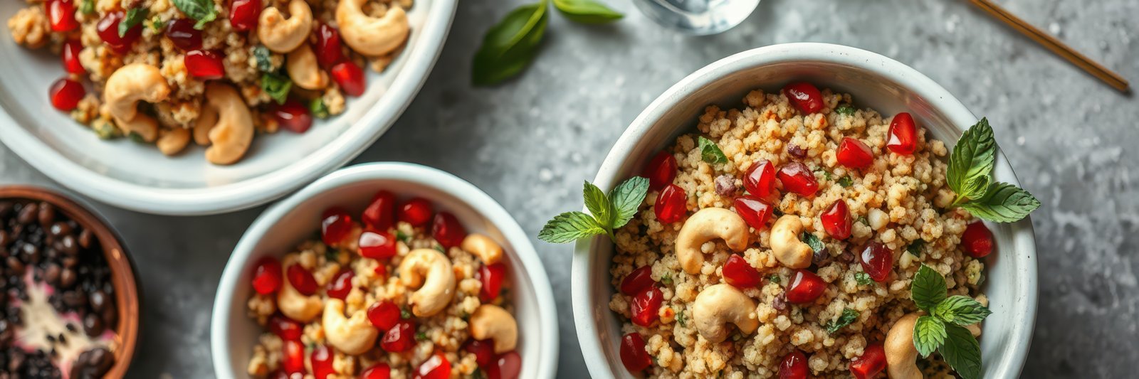 Healthy quinoa salad with pomegranate and cashews served in bowls on a gray surface